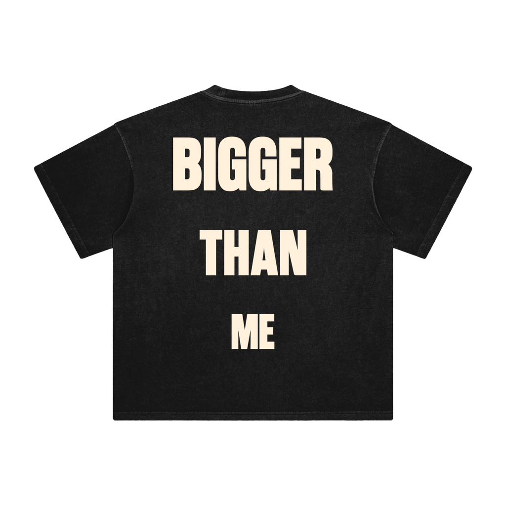 Bigger Than Me t-shirt in retro black with the Vigilante mark, Derek Minor