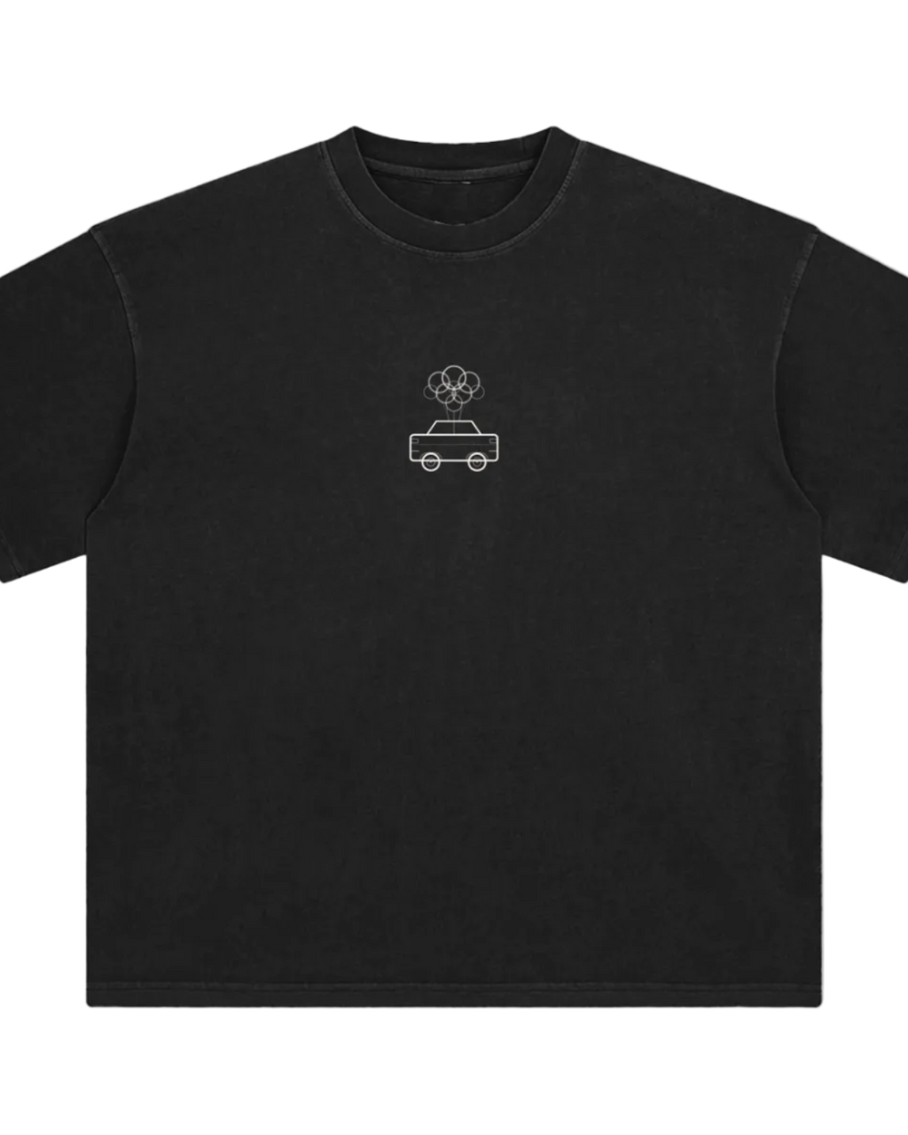 Black t-shirt with white text 'Everything, in time' on a white background