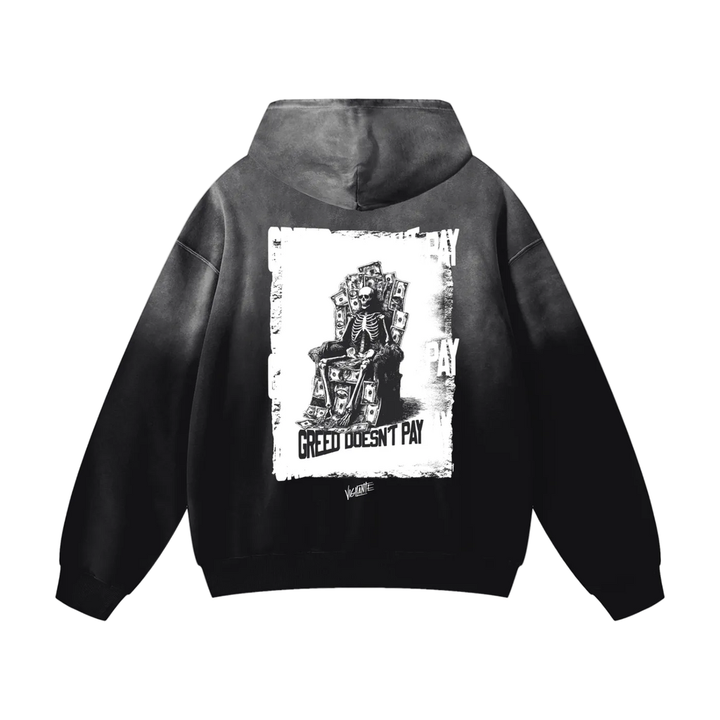 Greed Doesn't Pay oversized hoodie, sun-faded black, skeleton crowned in cash graphic