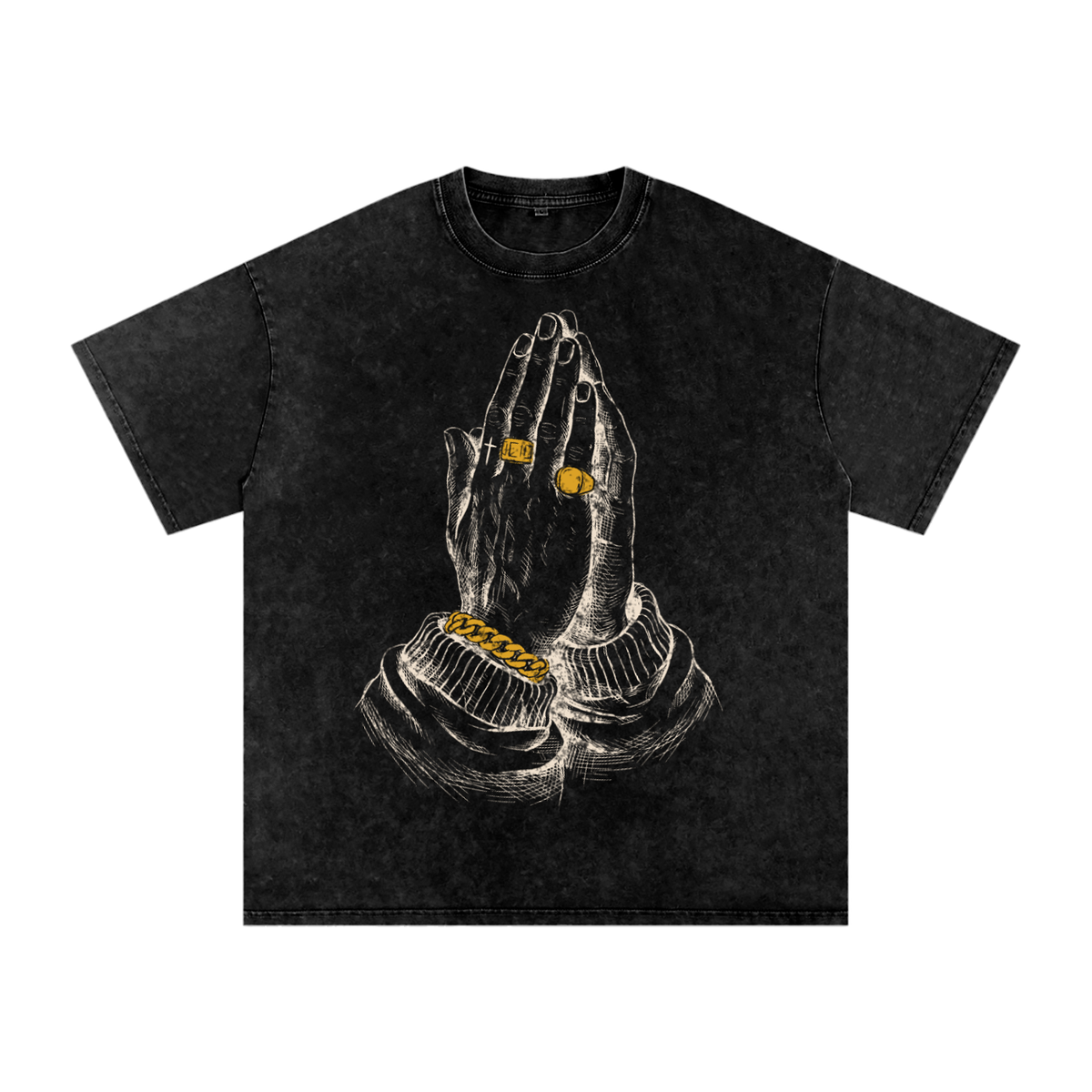 Praying Hands tee with engraved cream and gold praying hands, Derek Minor